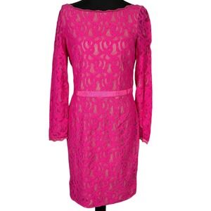 Hot Pink Lace Sheath Dress Long‎ Sleeve V Neck Party Cocktail Sz 4